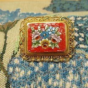 Micro mosaic glass brooch w gold filigree frame